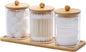 Clear Cotton Swab and Pad Holder Set with Wooden Lids and Vanity Tray, Apothecary Bathroom Storage Containers, 3 Pack - PuriLite