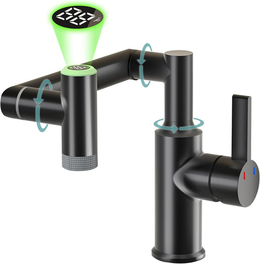 EAARSUO Single Hole Rotatable Bathroom Faucet with Temperature Display, Single Handle Modern Rotating Bathroom Sink Faucet 1 Hole, 1080 Degree Swivel Faucet with 2 Water Outlet Modes (Black)
