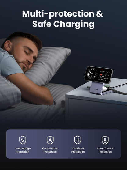 UGREEN MagSafe Qi2 15W 3-in-1 Wireless Charging Station, Foldable Wireless Charger Stand Compatible with iPhone 16/15/14/13/12 Series, AirPods 3/2/Pro, Smartwatch (Included 30W Adapter)