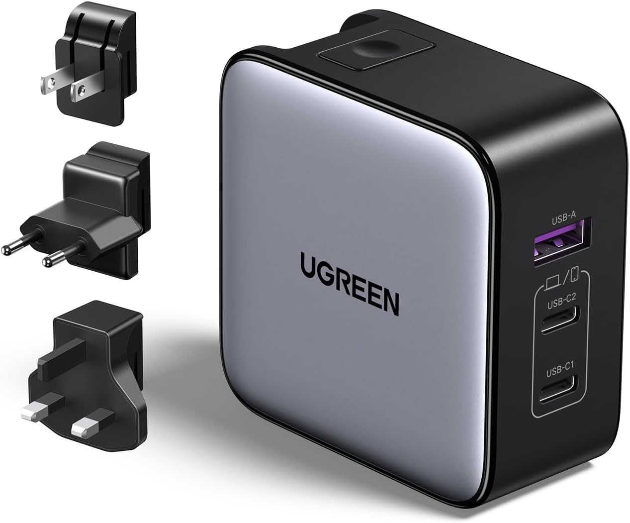 UGREEN Nexode 65W USB C Charger GaN Universal Travel 3 Ports, US/UK/EU Plug Compatible with MacBook Pro/Air, Dell XPS, iPhone 15/14, iPad, Galaxy S23 S22, Steam Deck