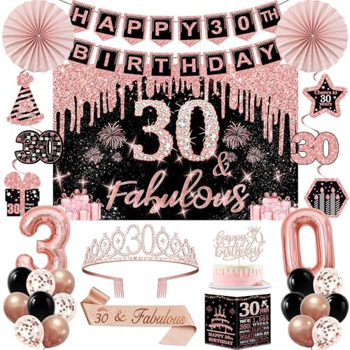 40th Birthday Decorations for Women,32pcs 40th Birthday Party Decorations,Including Backdrop, Crown,Sash,banner, Hanging Swirl,Cake Topper,balloons,Paper Fans,Anniversary Card and paper fans