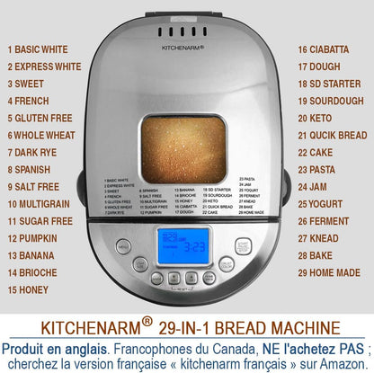 KITCHENARM 29-in-1 SMART Bread Machine with Gluten Free Setting 2LB 1.5LB 1LB Bread Maker Machine with Homemade Cycle - Stainless Steel Breadmaker with Recipes Whole Wheat Bread Making Machine