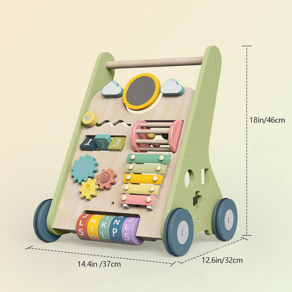 Baby Walker with Wheels for 10 Months+, Push Walker 10-in-1 Activity Center Help Babies Build Balance & Confidence, Wooden Frame, 9 Interactive Toys, Smooth Edges, Non-Toxic Paint, 1st Birthday Gift