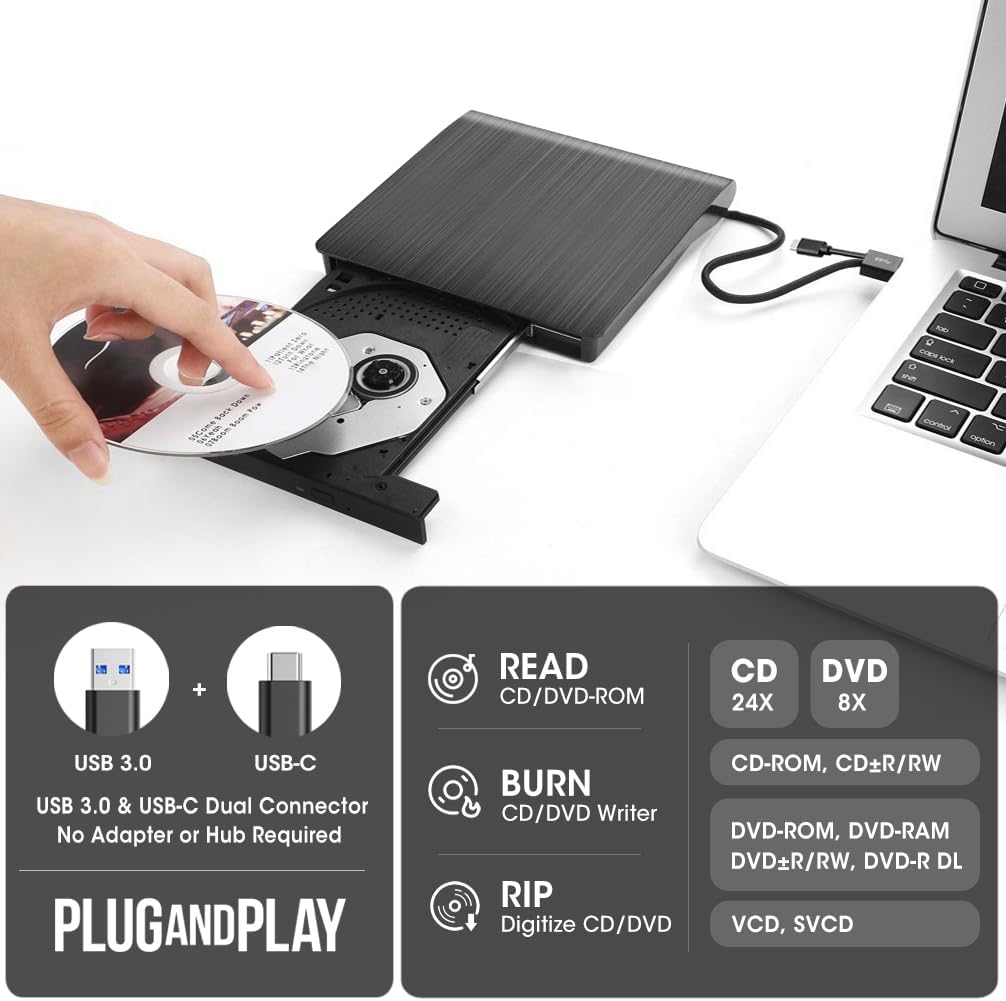 ROOFULL External CD DVD Drive for Laptop & Mac with Case, USB 3.0 Type-C Portable CD DVD Player Burner Reader Writer ROM +/-RW Optical Drive for MacBook, Desktop PC, Windows 11/10/7, Linux, ECD829-Y