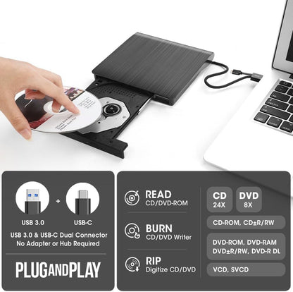 ROOFULL External CD DVD Drive for Laptop & Mac with Case, USB 3.0 Type-C Portable CD DVD Player Burner Reader Writer ROM +/-RW Optical Drive for MacBook, Desktop PC, Windows 11/10/7, Linux, ECD829-Y