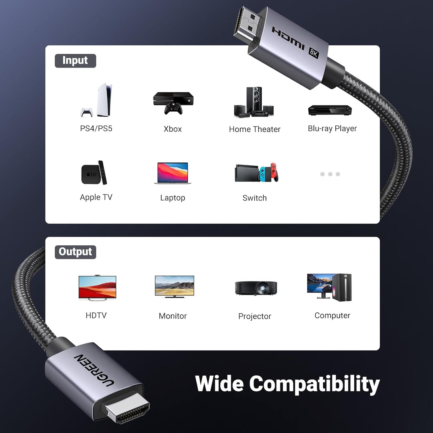 UGREEN 10K 8K HDMI 2.1 Cable 48Gbps 10FT, Certified 8K@60Hz 4K@120Hz 144Hz High Speed Gaming Cable Braided Cord, eARC HDCP 2.3 Dynamic HDR Compatible for HDTV/PS5/Xbox/SoundBar/RTX3090/Blu-ray