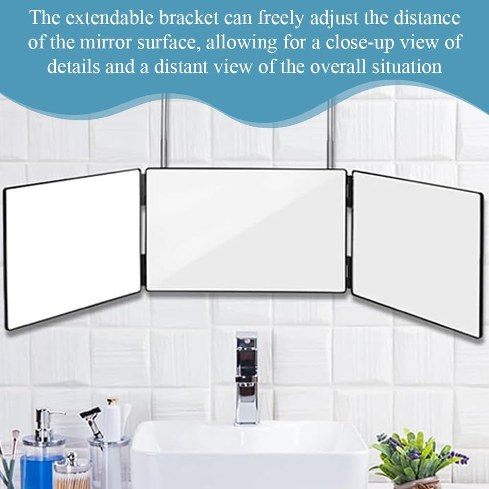 Retractable 3-Sided Makeup Mirror, 360° Vanity Mirror Foldable for Bathroom, Bedroom and Dorm, Hanging & Standing Dual-Use Travel Mirror (Black Frame)