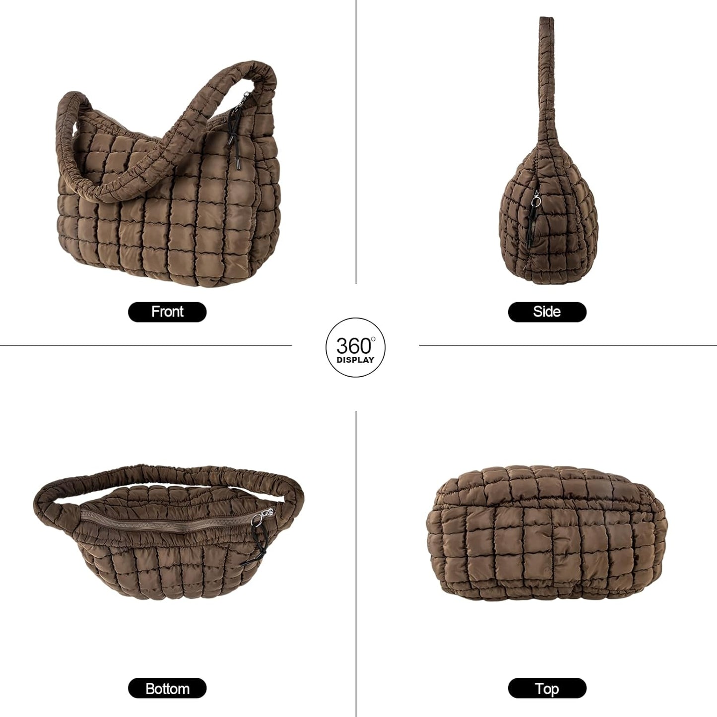 Quilted Puffer Tote Bag Large Crossbody Shoulder Bag with Zipper, Nylon Hobo Oversized Handbag