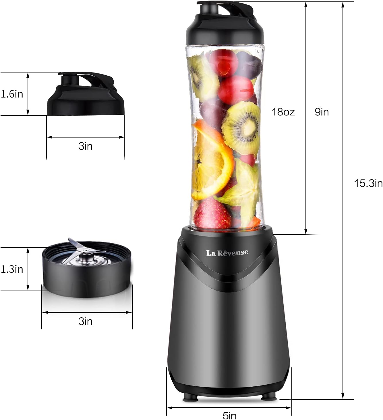 La Reveuse Smoothie Blender Personal Size 300 Watts with 2 Pieces 18 oz BPA-Free Travel Sports Bottles,Grey