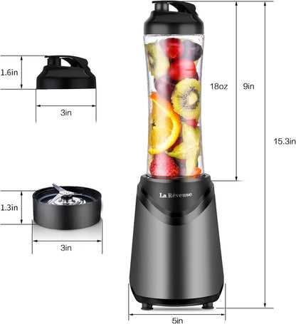 La Reveuse Smoothie Blender Personal Size 300 Watts with 2 Pieces 18 oz BPA-Free Travel Sports Bottles,Grey