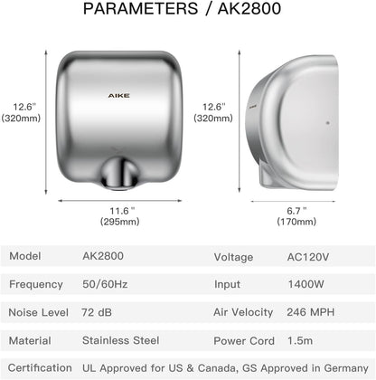 AIKE Surface Mounted High Speed Commercial Hand Dryer CUL Approved 120V 1500W, Brushed Stainless Steel Finish Model AK2800B