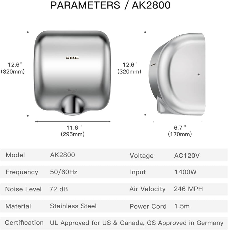 AIKE Surface Mounted High Speed Commercial Hand Dryer CUL Approved 120V 1500W, Brushed Stainless Steel Finish Model AK2800B