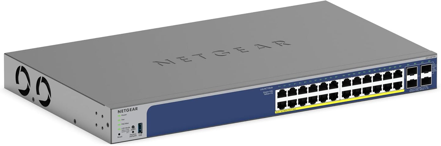 NETGEAR 26-Port PoE Gigabit Ethernet Smart Switch (GS724TP) - Managed, 24 x 1G, 24 x PoE+ @ 190W, 2 x 1G SFP, Optional Insight Cloud Management, Desktop or Rackmount, and Limited Lifetime Protection