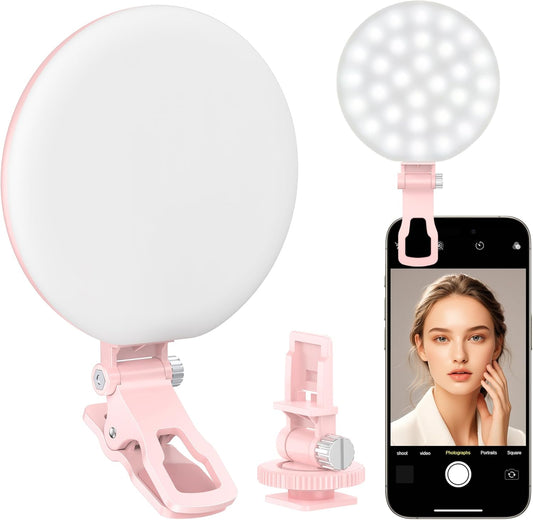 Anautin 60 LED Ring Light, Rechargeable Selfie Light with Front & Back Clip, 2500-6500K Portable Phone Light, Adjustable 3 Light Modes for iPhone, iPad, Tablet, Laptop, CRI97+, 90 Grams (Pink)