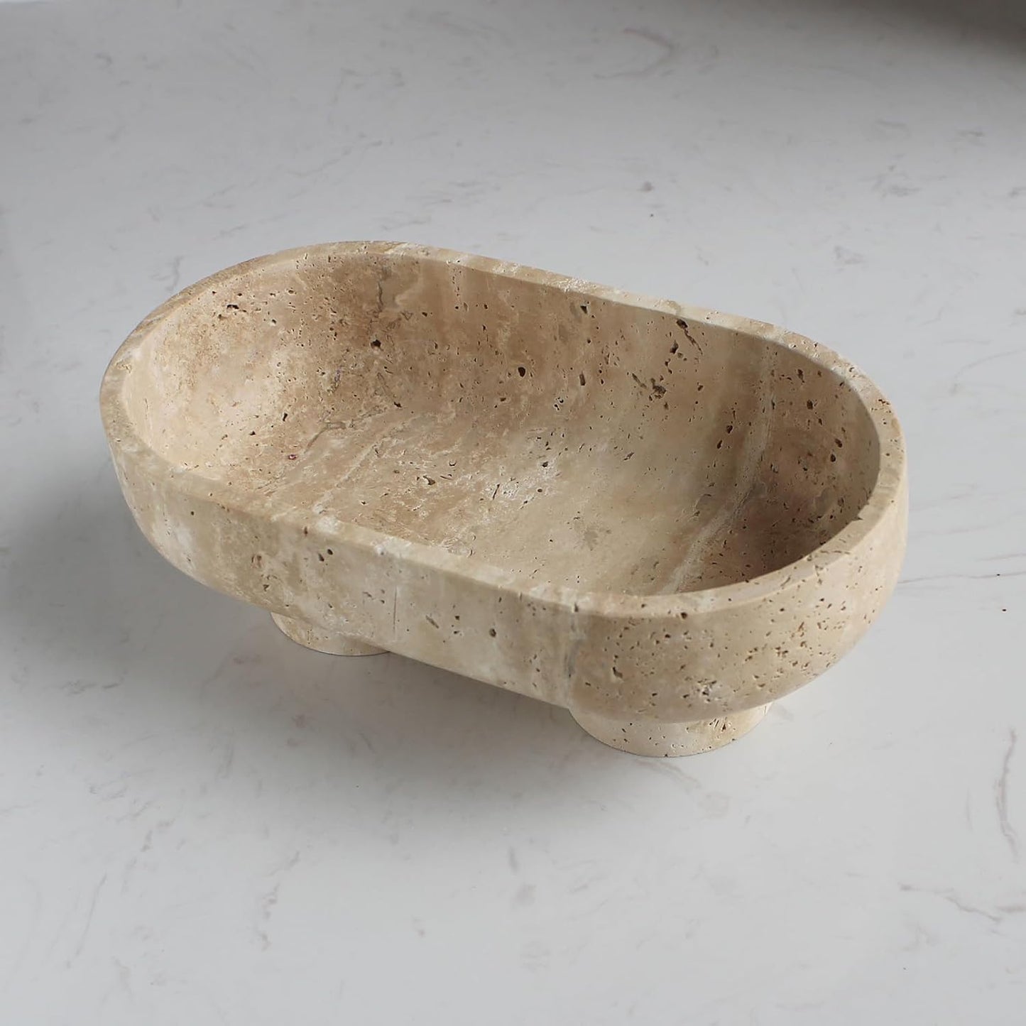 Oval Travertine Fruit Bowl | Decorative Stone Bowl | Kitchen Counter Fruit Holder | Pedestal Centerpiece Bowl | Home Décor Storage Bowl - PuriLite