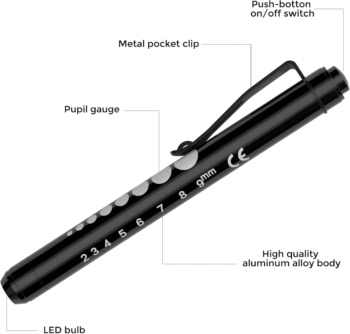 RISEMART Pen Lights for Nurses, 2 Pack Reusable Medical Light with Pupil Gauge and Ruler, White Light LED Penlight for Student Doctors EMT (Black/White)