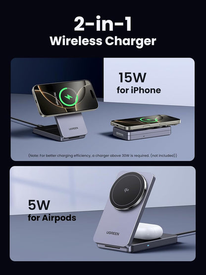 UGREEN Qi2 15W 2 in 1 Wireless Charging Station Magsafe Qi2 Certified Foldable Fast Charger Stand Compatible with iPhone16 iPhone 15-12 Series, AirPods Pro/2/3/4, Portable Travel Dock (No Adapter)