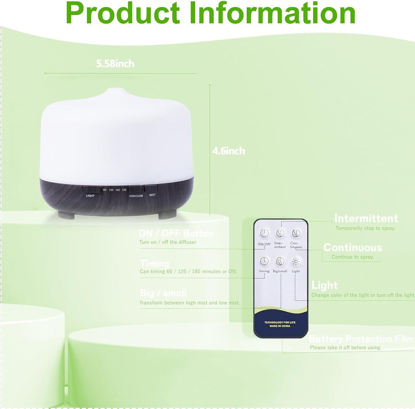 Multifunctional Essential Oil Diffuser - 500ML Aromatherapy Diffuser with Remote Control Two Mist Modes Humidifier Eight LED Lights Auto Shut-Off Safety Switch for Home Bedroom Office