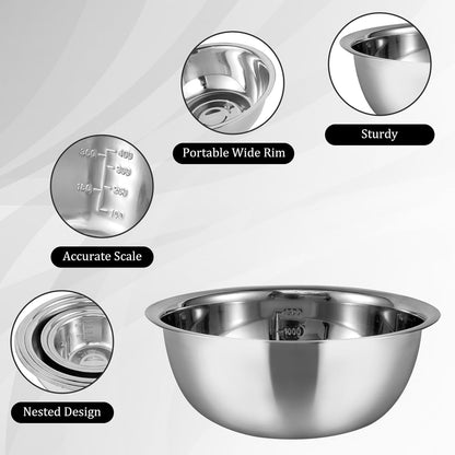 5 Pcs Stainless Steel Mixing Bowl Set with Internal Measurement Markers 5 Sizes 4.5QT 3QT 2QT 1.5QT 0.7QT Metal Nesting Bowls Multipurpose Metal Bowls for Serving Cooking Baking Prepping