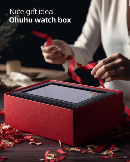 Ohuhu Watch Box Organizer for Men -12 Slot Leather Watch Case with Real Glass Lid Watch Display Case, Watch Organizer Jewelry Storage Box