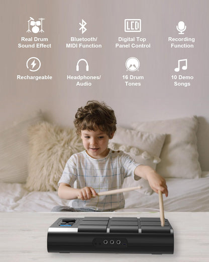 9 Pads Electronic Drum Pad, Electronic Tabletop Drum Set, Portable Digital Drum Kit with Velocity Sensitivity, LED Drum Pad Lights, MIDI Mac & PC Support, Ideal Gift for Beginners