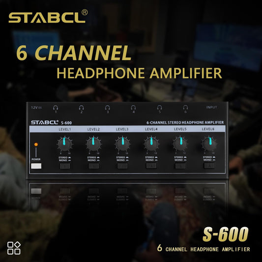 Headphone Amplifier 6 Channel, Stereo Headphone Amp with 3.5mm&6.35mm Input and Output, Metal Portable Studio Headphone Amp Splitter, Headphone Mixer with Mono and Stereo for Recording Studios