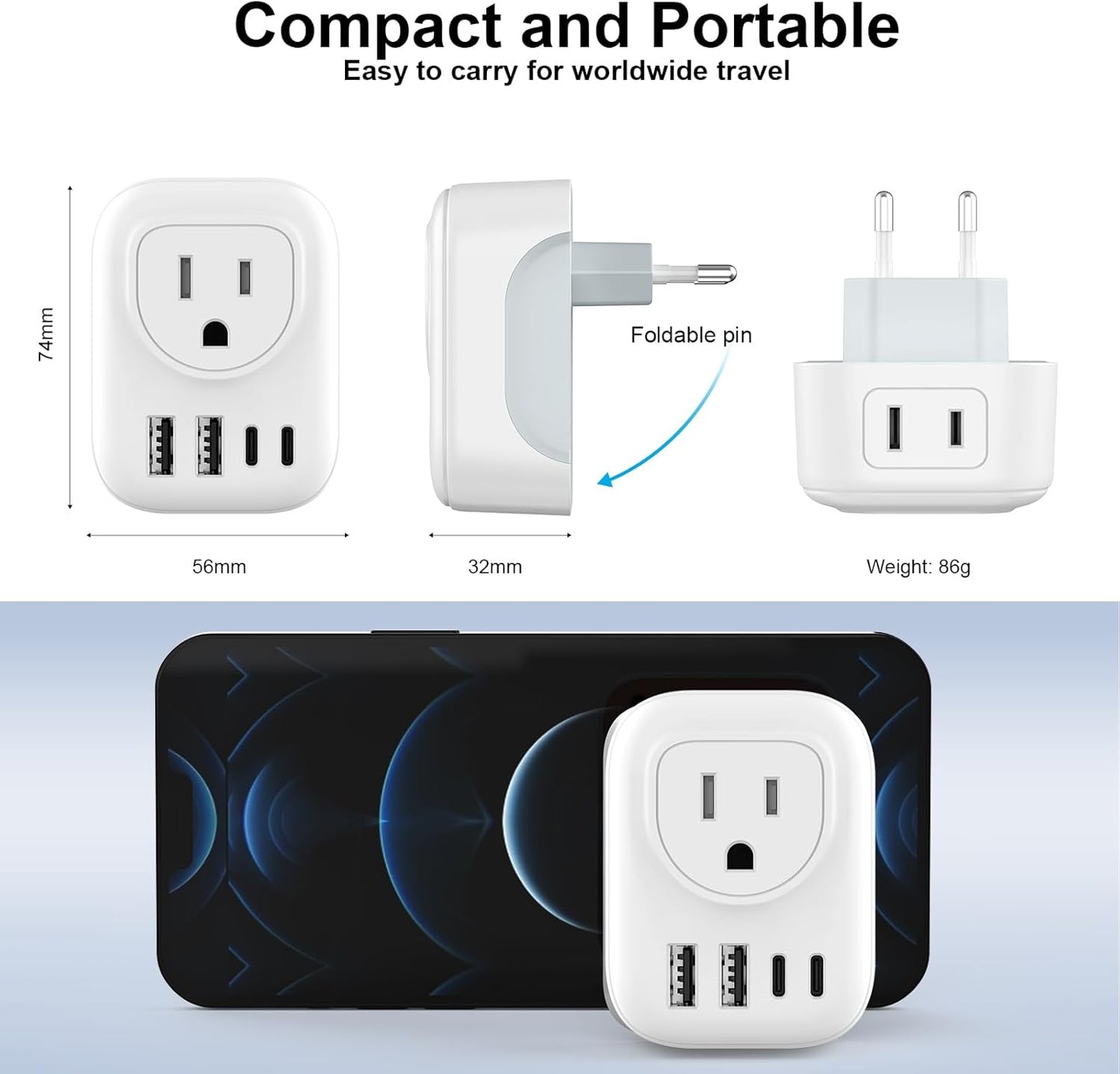 2 Pack European Travel Plug Adapter, VYLEE International Travel Adapter with 2 Outlets 4 USB Ports(2 USB C), 6 in 1 Type C Travel Essentials Charger for US to Most of Europe EU Italy Spain France