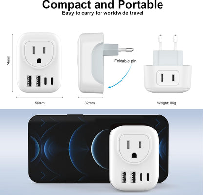 2 Pack European Travel Plug Adapter, VYLEE International Travel Adapter with 2 Outlets 4 USB Ports(2 USB C), 6 in 1 Type C Travel Essentials Charger for US to Most of Europe EU Italy Spain France