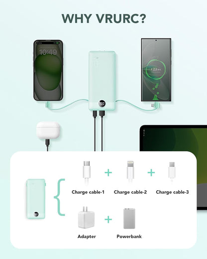 Portable Charger for iPhone, 10000mAh Power Bank with Built-in Cables & AC Wall Plug, USB C Phone Charger 5 Output External Battery Pack Compatible with iPhone Samsung Google Pixel Android -White