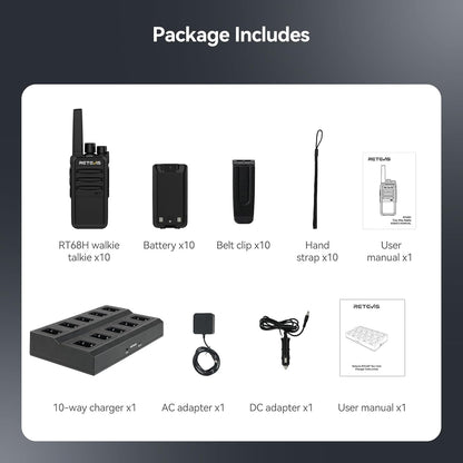Retevis RT68H 2 Way Radios Long Range with 10 Way Charger,Walkie Talkies Rechargeable for Adults,Easier Charging,Easier Management,LED Display, Keypad Lock,Hands Free Compact Walkie Talkie (10 Pack)