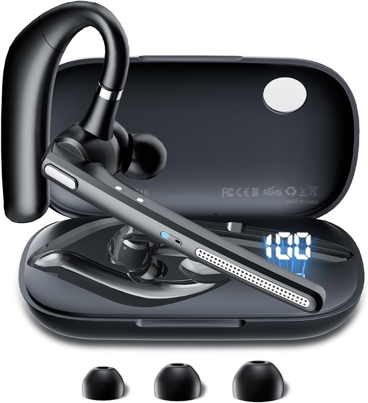 Bluetooth Headset, Bluetooth Earpiece V5.3 with Noise Cancelling Mic, Wireless Headset Hands-Free with High Capacity Battery LED Display Charging Case, Single Ear Headphones for Office/Trucker