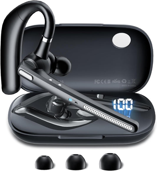 Bluetooth Headset, Bluetooth Earpiece V5.3 with Noise Cancelling Mic, Wireless Headset Hands-Free with High Capacity Battery LED Display Charging Case, Single Ear Headphones for Office/Trucker