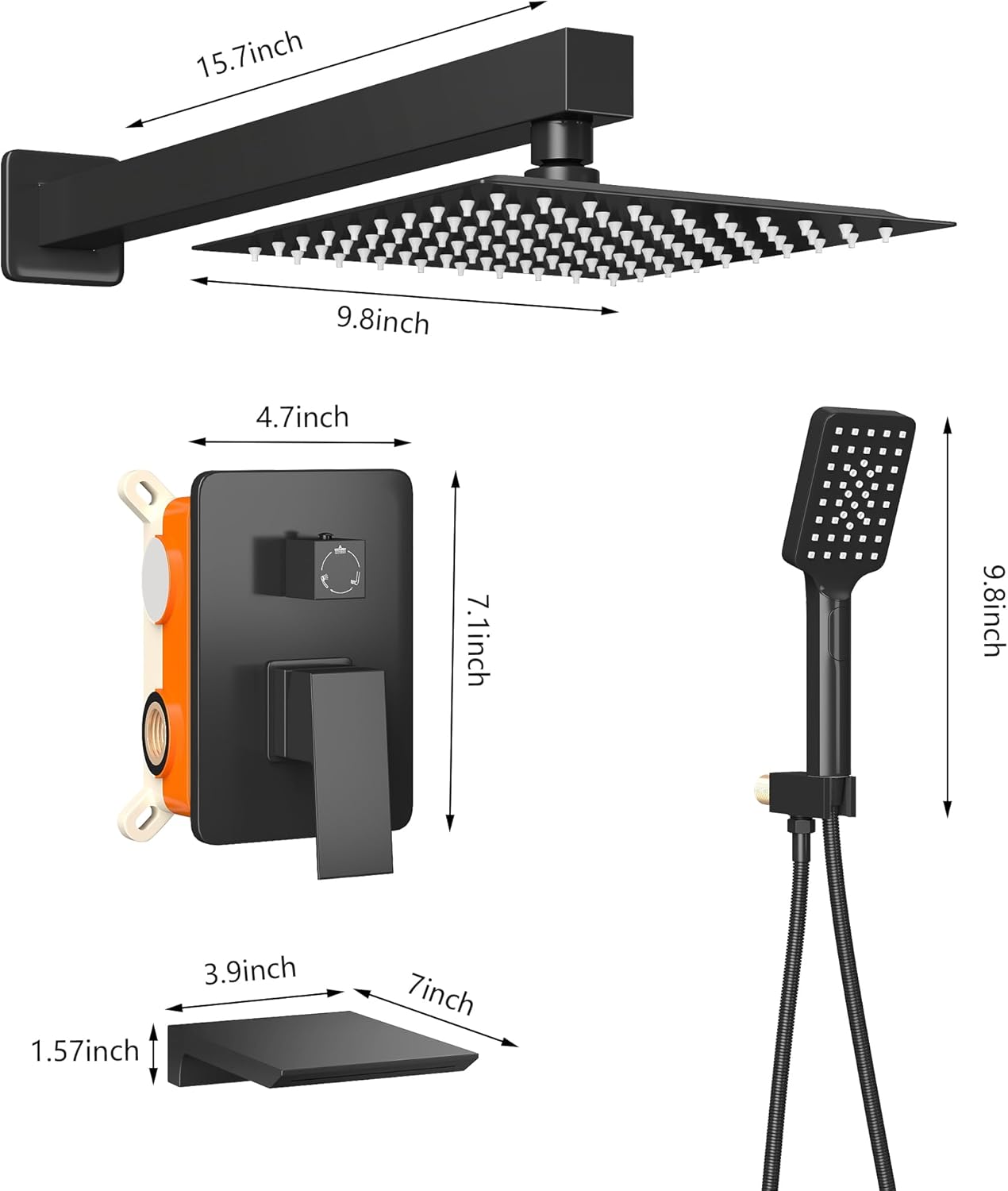 LCEVCGK Shower Faucet Set Complete Matte Black Shower System with 8 inch Square Rainfall Shower Head 3-Function Handheld Shower Waterfall Bathtub Spout Rain Shower Combo Set Bathroom Wall Mounted