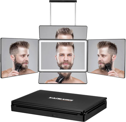 Rechargeable 5 Way Mirror for Hair Cutting, Real Glass Adjustable Trifold Mirror with Light & Telescoping Hooks for Makeup & Styling - Portable DIY Tool to Cut, Trim or Shave Your Head & Neckline