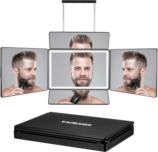 Rechargeable 5 Way Mirror for Hair Cutting, Real Glass Adjustable Trifold Mirror with Light & Telescoping Hooks for Makeup & Styling - Portable DIY Tool to Cut, Trim or Shave Your Head & Neckline