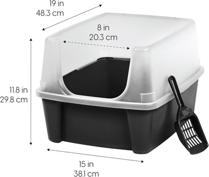 IRIS USA Top Entry Cat Litter Box with Scoop - Large - Stylish Enclosed Round Oval Kitty Dog Proof Box, Litiere Pour Chat Bac - White/Beige