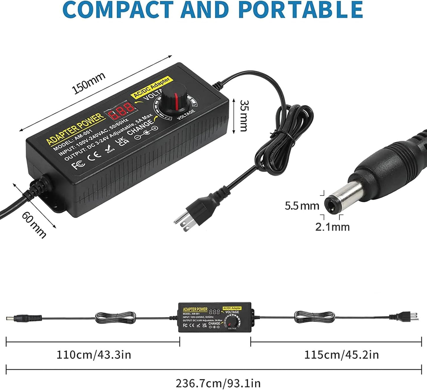3V~24V 5A 120W Adjustable Power Supply Adapter,DC 3V 5V 6V 9V 12V 15V 18V 19V 20V 24V Universal AC/DC Adapter,100V-240V AC to DC Converter with 5.5x2.5mm 14 Tips for LED Strip Light CCTV