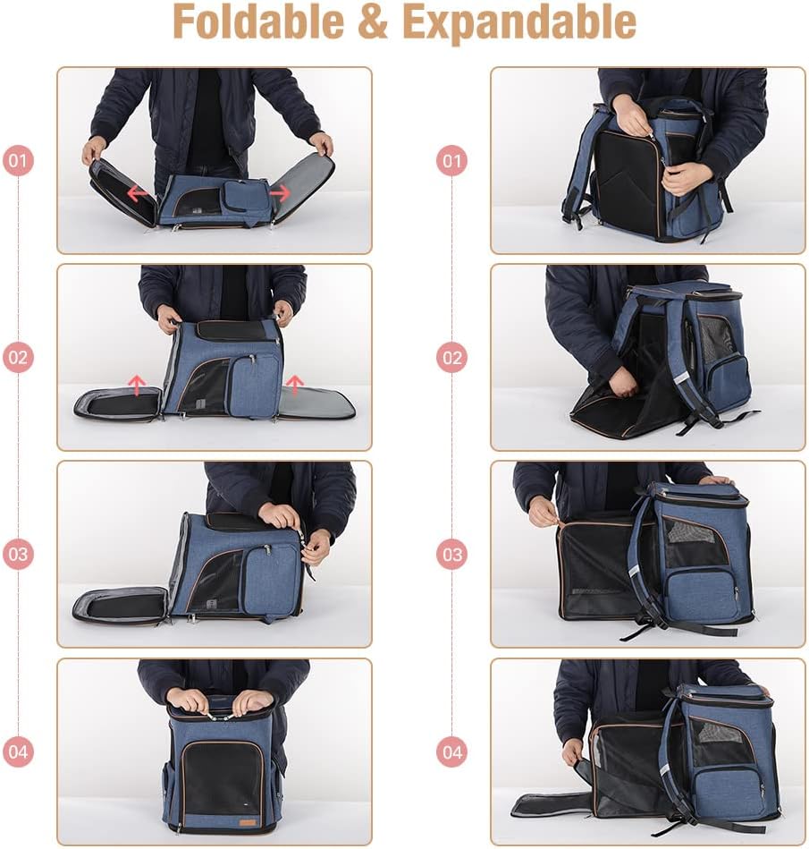 Lekesky Cat Backpack Expandable Dog Carrier Backpack Airline Approved Pet Backpack Carrier for Cats, Small Dogs, Puppies Under 13 Lbs, Grey