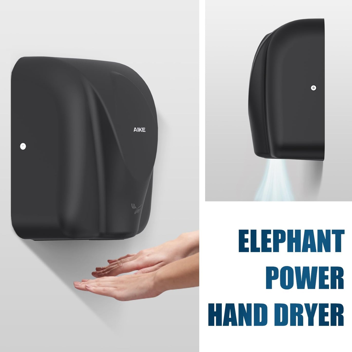 AIKE Elephant Power Commercial Hand Dryer High Speed Auto Warm Wind, Matte Black Thermoset Cover AC110V-130V Model AK2812