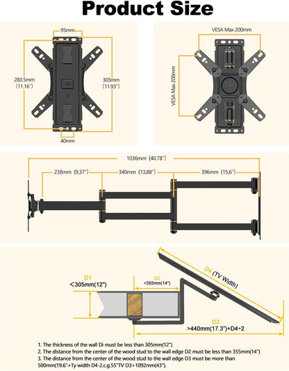WHYFONE Long Arm Corner TV Monitor Wall Mount with 40.78" Extension for Most 13-43inch TVs Monitors, Full Motion Articulating Triple Arm Foldable, Max VESA 200x200mm, Vertical TV Mount