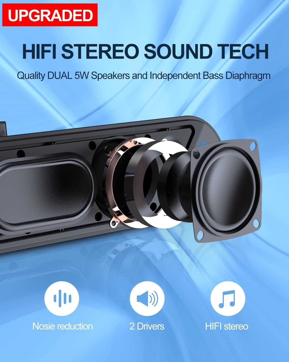 USB Powered Computer Speakers with Stereo Sound, 10W Wired Soundbar Speaker for PC Desktop Laptop Monitor with AUX Input and LED Light - PuriLite
