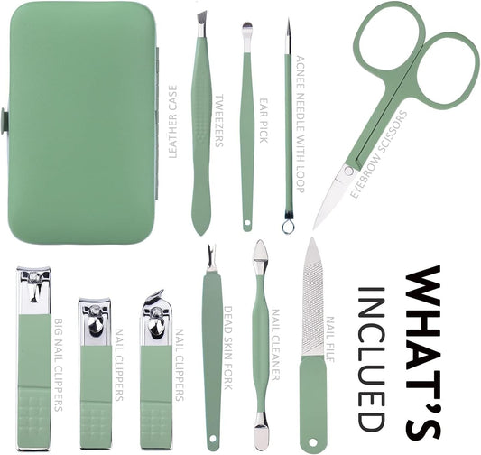 HANTEKAS Manicure Set 10 in 1 Stainless Steel, Nail Clippers Scissors Pedicure Tools Kit - Portable Travel Grooming Kit for Men and Women with Leather Case (Jade Green) - PuriLite