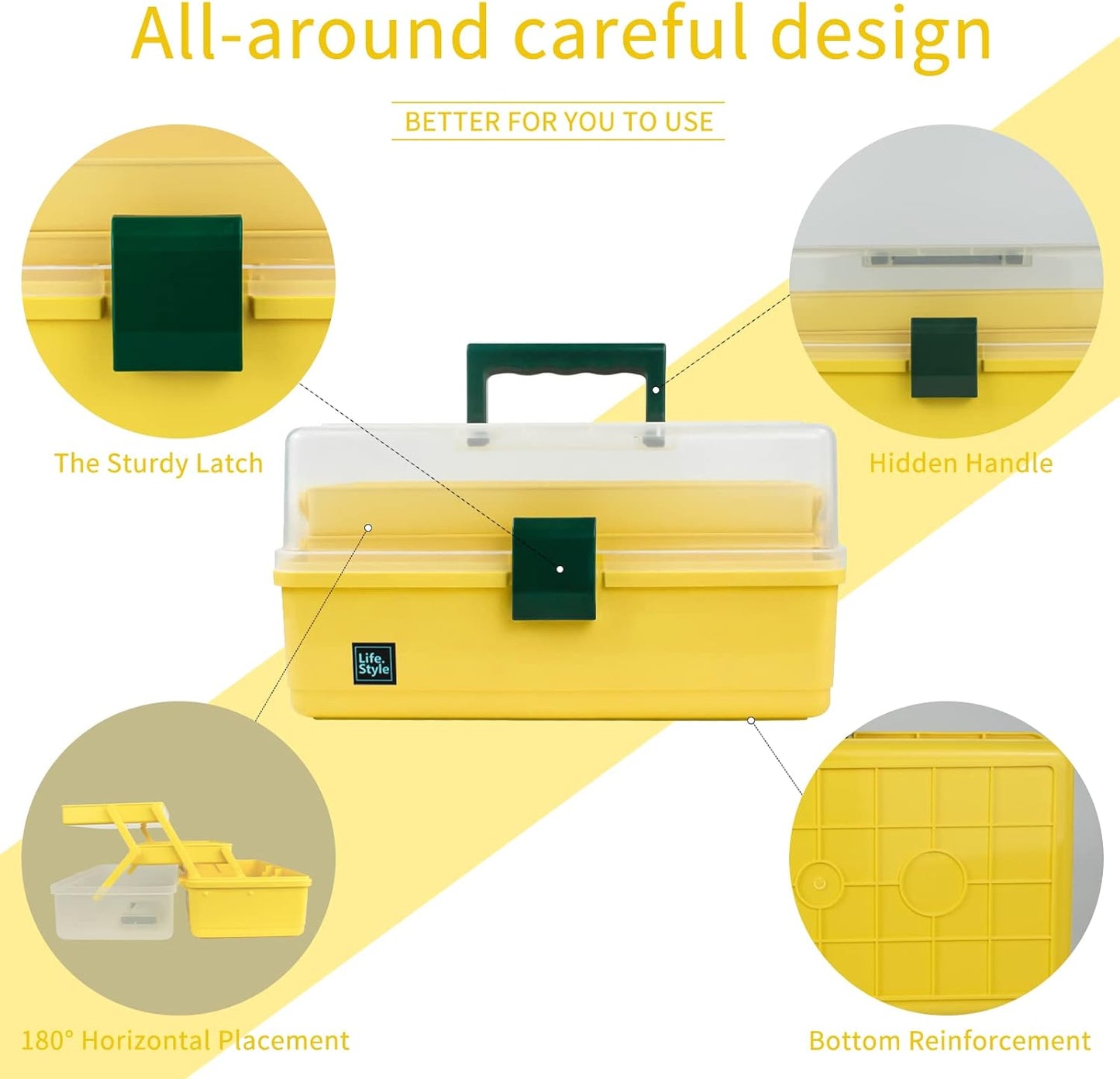 34cm Art and Craft Organizer Storage Box with 3 Layers, Multifunctional Plastic Tool Box with Handle, Yellow - PuriLite