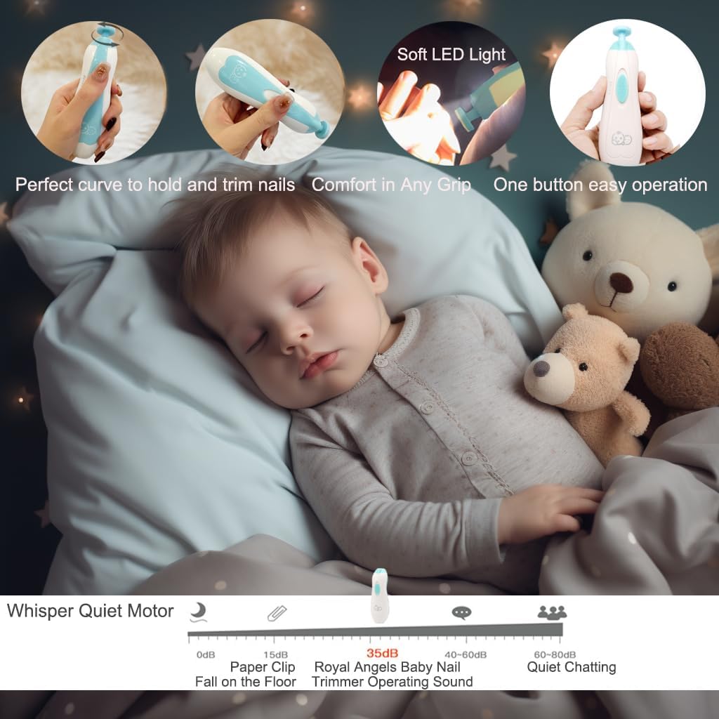 Royal Angels Rechargeable Baby Nail Clippers 20 in 1, Safe Electric Nail Trimmer, Baby Nail Kit, Additional Replacements, Newborn Toddler Toes and Fingernails, Trim and Polish (Rechargeable, Snow)