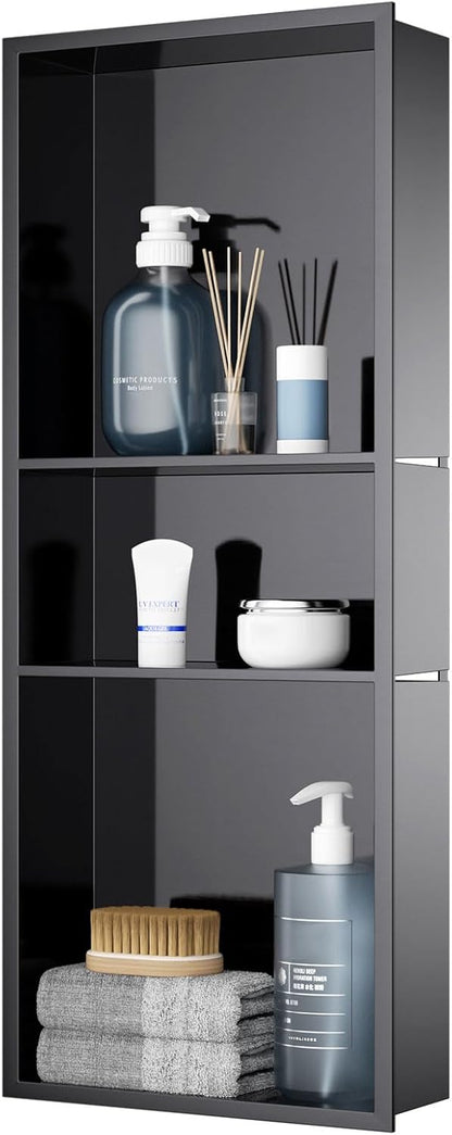 MENATT No Tile Shower Niche, Stainless Steel Wall Niche 13"X19"(Inner Size 12"X18"), Two-Tier Bathroom Shelf, NO Tile Needed Recessed Niche Shower for Bathroom Storage, Black