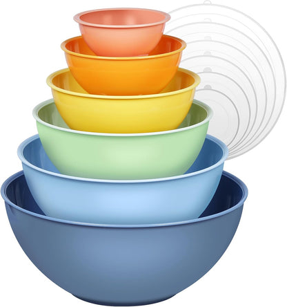 Greentainer Plastic Mixing Bowl Set with Lids for Kitchen, Nesting Storage Bowls for Baking, Prepping,Cooking and Serving Food, Dishwasher, Microwave Safe,Great for Mixing & Serving (6pcs lightblue)