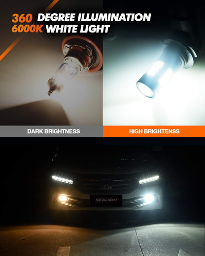 SEALIGHT H11/H8/H16 LED Fog Light Bulbs, 6000K Xenon White, 27 SMD Chips, 360-degree Illumination, Non-polarity