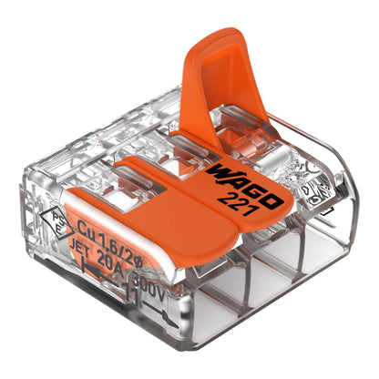 Wago 221-413 Splicing Connector 3 Conductors 0.14-4 mm². Compact Design with Lever, Pack of 50 | Universal electrical terminal blocks for rigid and flexible cables, quick and secure connection with manual control lever