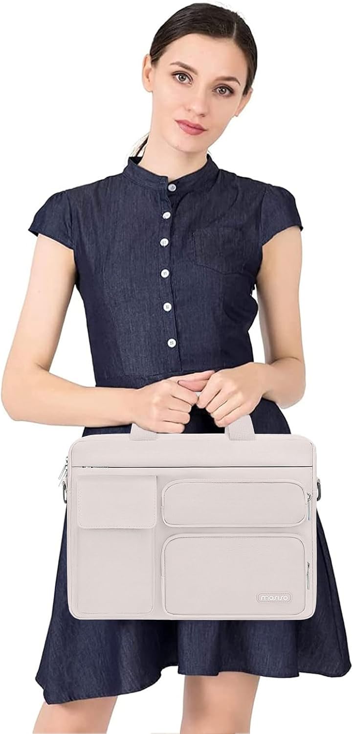 MOSISO Laptop Bag 16 inch, 15-15.6 inch Computer Shoulder Bag Compatible with MacBook Air 15 M4 M3 M2/Pro 16 M4 M3 M2 M1, Notebook &2 Raised&1 Flapover&1 Horizontal Pocket&Handle&Belt, Pink - PuriLite