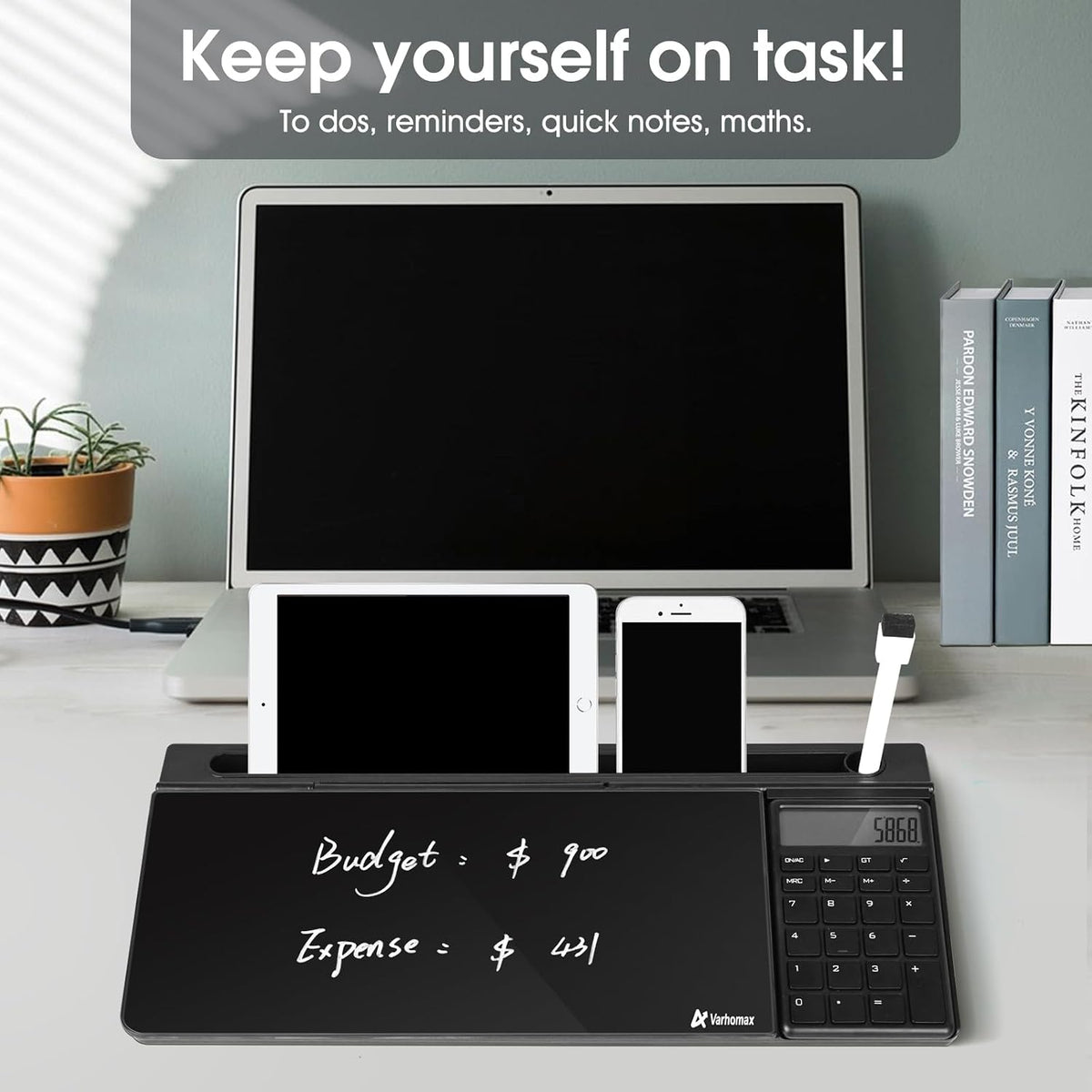 Varhomax Glass Desk Whiteboard Black with Calculator, Desktop Organizers Dry Erase White Board To-do List Memo Keyboard Stand with Accessories for Home School Office Supplies